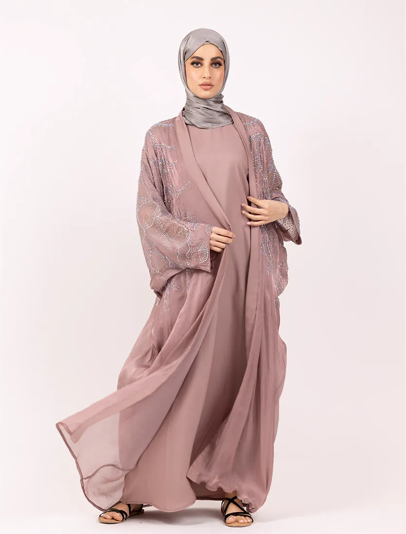 Pink Crystal Embellished Sheer Overlay Abaya